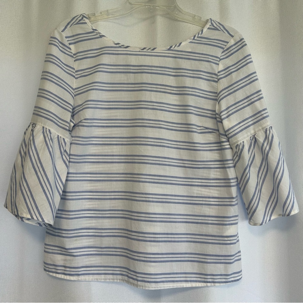 J. Crew White and Blue Bell Sleeve Blouse